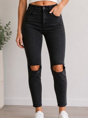 American Eagle High Rise Distressed Skinny Jeans Black Wash Size 0 Short